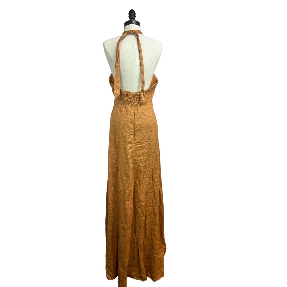 DISSH Linen Maxi Dress Women 12 Ochre Excellent Halter Cutout Smocked Back - Picture 5 of 8